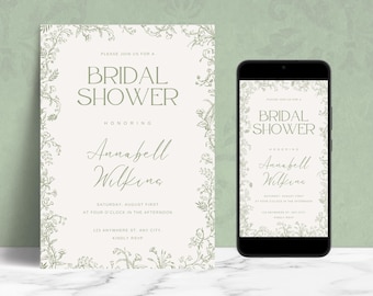 EDITABLE Green Chinoiserie Vintage Floral Toile Frame, Bridal Shower Invitation Template, Printable Invite & Mobile e-vite, Digital Download