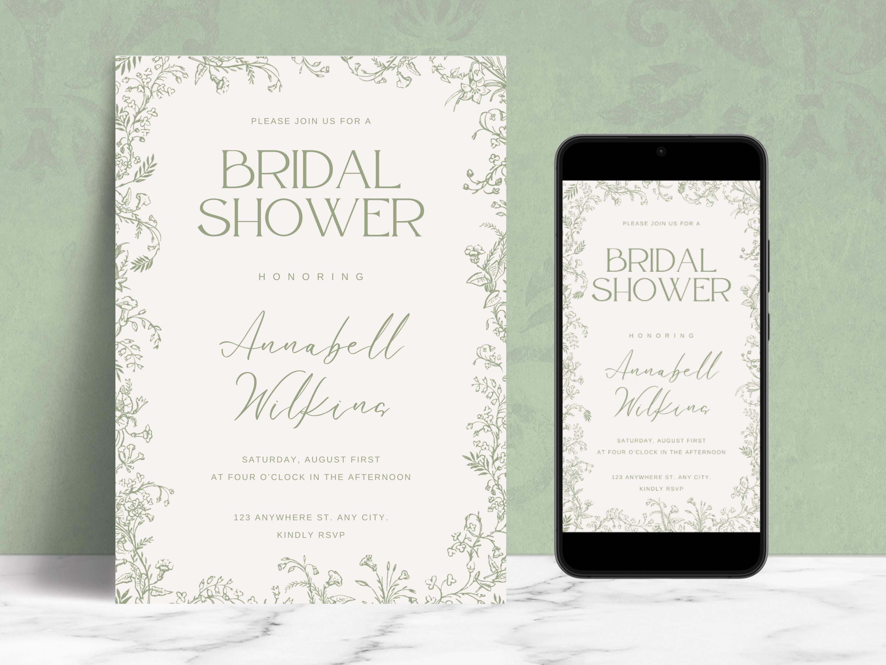 EDITABLE Green Chinoiserie Vintage Floral Toile Frame, Bridal Shower Invitation Template, Printable Invite & Mobile e-vite, Digital Download