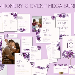 Purple Floral Wedding BUNDLE Stationery & Reception Ceremony EDITABLE Templates, Invite Suite, Party Event Printables
