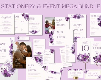 Purple Floral Wedding BUNDLE Stationery & Reception Ceremony EDITABLE Templates, Invite Suite, Party Event Printables