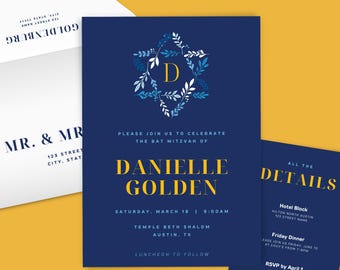 REDIGERBARA Mallar för Bar Mitzvah-inbjudningar, Klassisk blå gul, Rolig blommig Davidsstjärna med bladverk, Utskrivbar inbjudan, Bat Mitzvah-idéer