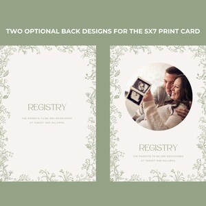 K&ouml;nnte beinhalten: Zwei druckbare 5x7 Zoll Babyparty-Kartenr&uuml;ckseiten mit floralem Rand. Ein Design zeigt ein Foto eines Paares, das ein Ultraschallbild h&auml;lt. Beide Designs enthalten den Text "Registry" und die Nachricht "The parents-to-be are registered at Target and Dillards."