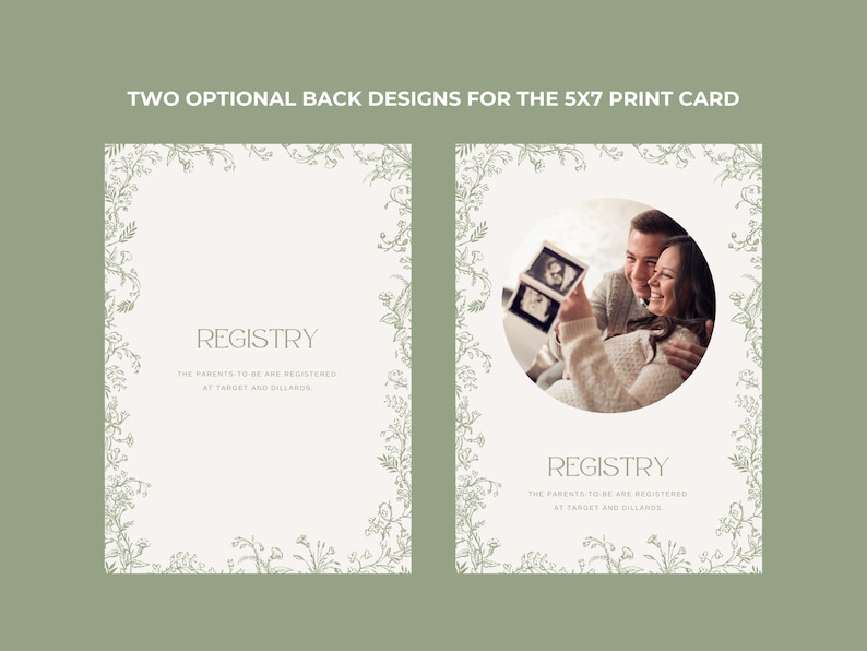 K&ouml;nnte beinhalten: Zwei druckbare 5x7 Zoll Babyparty-Kartenr&uuml;ckseiten mit floralem Rand. Ein Design zeigt ein Foto eines Paares, das ein Ultraschallbild h&auml;lt. Beide Designs enthalten den Text "Registry" und die Nachricht "The parents-to-be are registered at Target and Dillards."