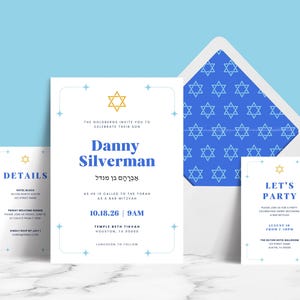 EDITABLE Bar Mitzvah Invitation Suite Templates, Star of David Blue Hebrew Printable Invite, Minimal Art Deco Design, Bat Mitzvah Ideas