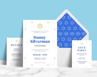 REDIGERBARA Mallar för Bar Mitzvah-inbjudningar, utskrivbar hebreisk inbjudan för Davidsstjärnan, minimalistisk art déco-design, bat mitzvah-idéer
