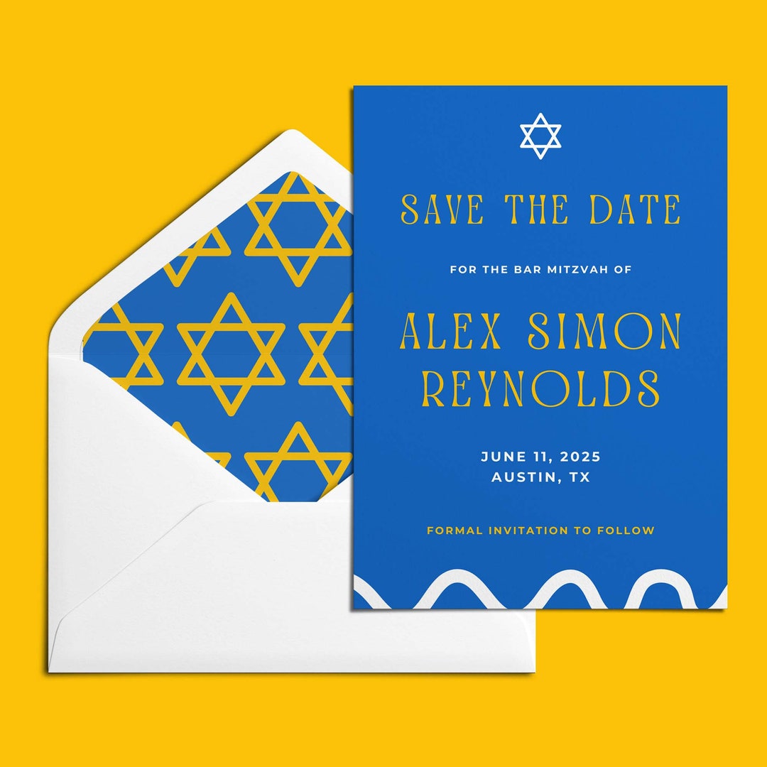 EDITABLE Bar Mitzvah Save the Date + Envelopes Templates, DIGITAL Blue