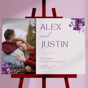 Purple Floral Wedding Welcome Sign EDITABLE Template, With Picture, Printable Digital Download, Flowers Wedding Suite