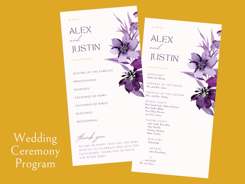Recessional Message Purple Floral Wedding Ceremony Program EDITABLE, Printable Template ...