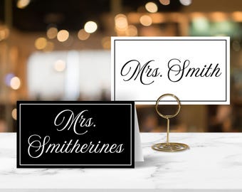 Minimal Script Wedding Name Place Cards EDITABLE Template, Modern Simple Elegant, Flat and Tented, Printable Download, Black and White