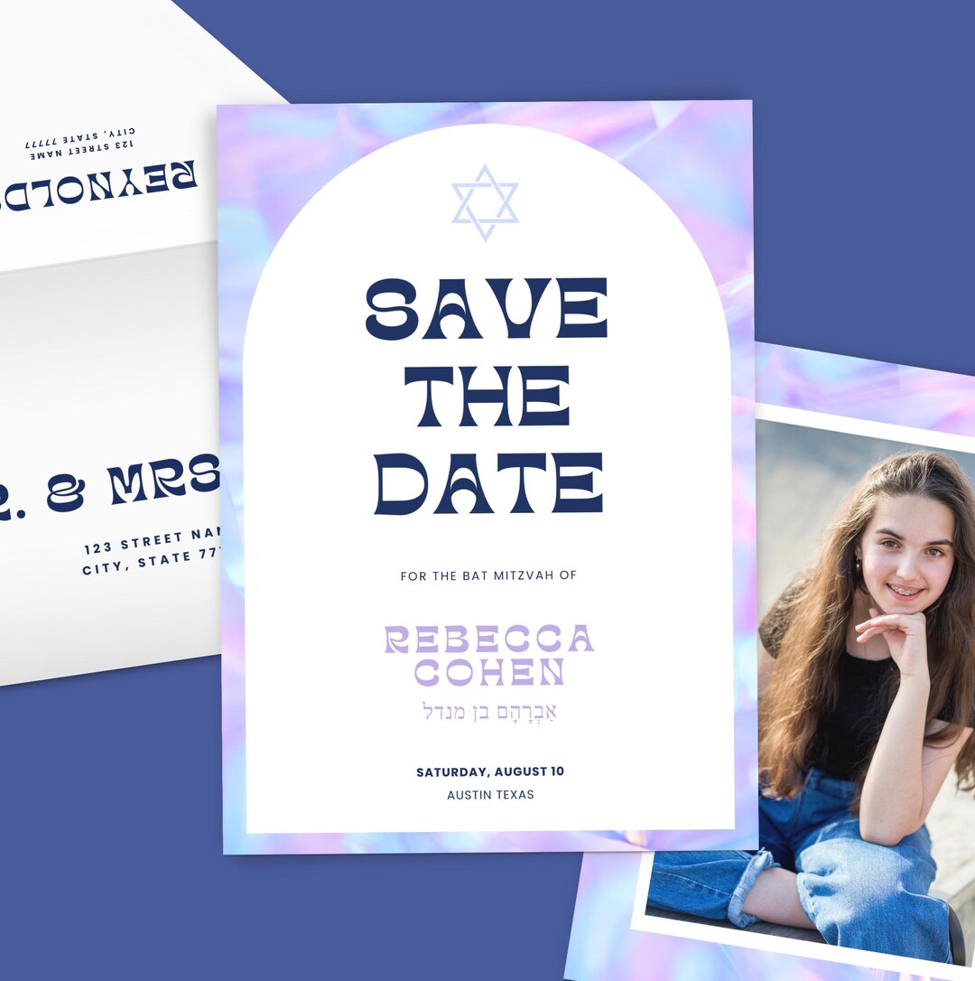Bat Mitzvah Save the Date EDITABLE Templates, Iridescent Dreamy Purple