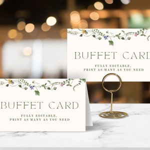Wildflower Garden Buffet Food Cards BEWERKBARE sjablonen, tent en plat, DIY afdrukbare receptie feest voedselborden, grillige aquarel bloemen