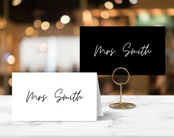 Minimal Modern Wedding Name Place Cards EDITABLE Template, Printable Simple Elegant, Flat and Tented, DIY Digital Download, Black and White