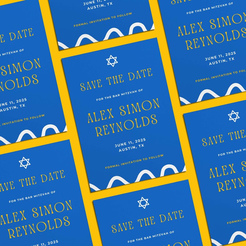 EDITABLE Bar Mitzvah Save the Date + Envelopes Templates, DIGITAL Blue