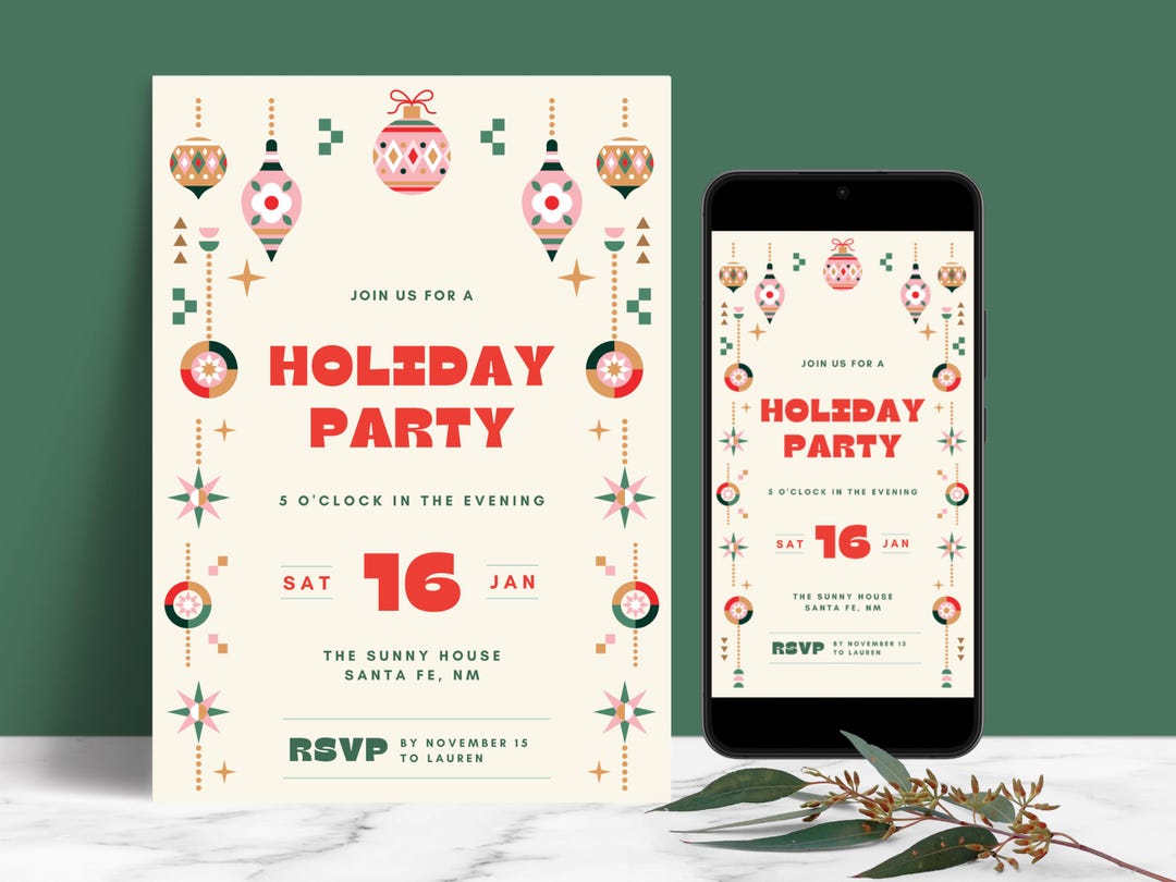 Scandi Einvite Editable Holiday Party Invitation Template, Digital Retro Scandinavian ...
