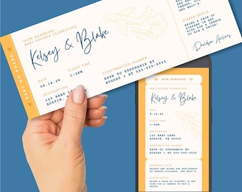 Yellow Boarding Pass Baby Shower Airplane Ticket Invitation TEMPLATE, Editable Travel Theme, Printable Invite & Digital Mobile E-vite