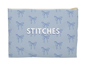 Needlepoint Project Bag - STITCHES, Bows in Blue| Needlepointer stash bag, NDLPT project pouch, Needlepoint bag