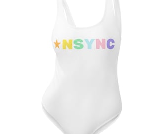 NSYNC Colorful Rainbow Lettering White One-Piece Swimsuit, N'sync Reunion Tour, Concert, 90s Pool Party, Nostalgic Boy Band