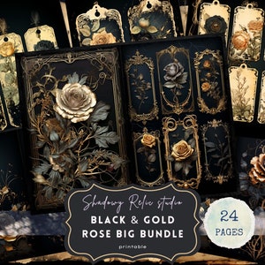Black Roses Junk Journal Pages Gothic collage sheets scrapbooking cards ephemera Gothic Roses Junk Journal Kit Black and Rose Gold Paper