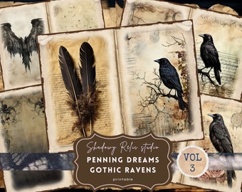 Gothic Raven Junk Journal Pages Hoja de collage gótico tarjetas de scrapbooking Dark Witch ephemera Black Raven Junk Journal Kit Black Raven Crow