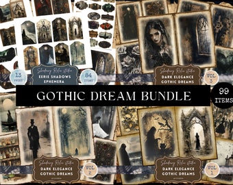Könnte beinhalten: Ein digitales Collage-Blatt mit 99 Bildern zum Thema Gothic. Die Bilder sind in einem dunklen, stimmungsvollen Stil gehalten und zeigen Elemente wie Schädel, Krähen und alte Gebäude. Das Blatt ist perfekt für Scrapbooking, Kartenherstellung und andere Bastelprojekte.