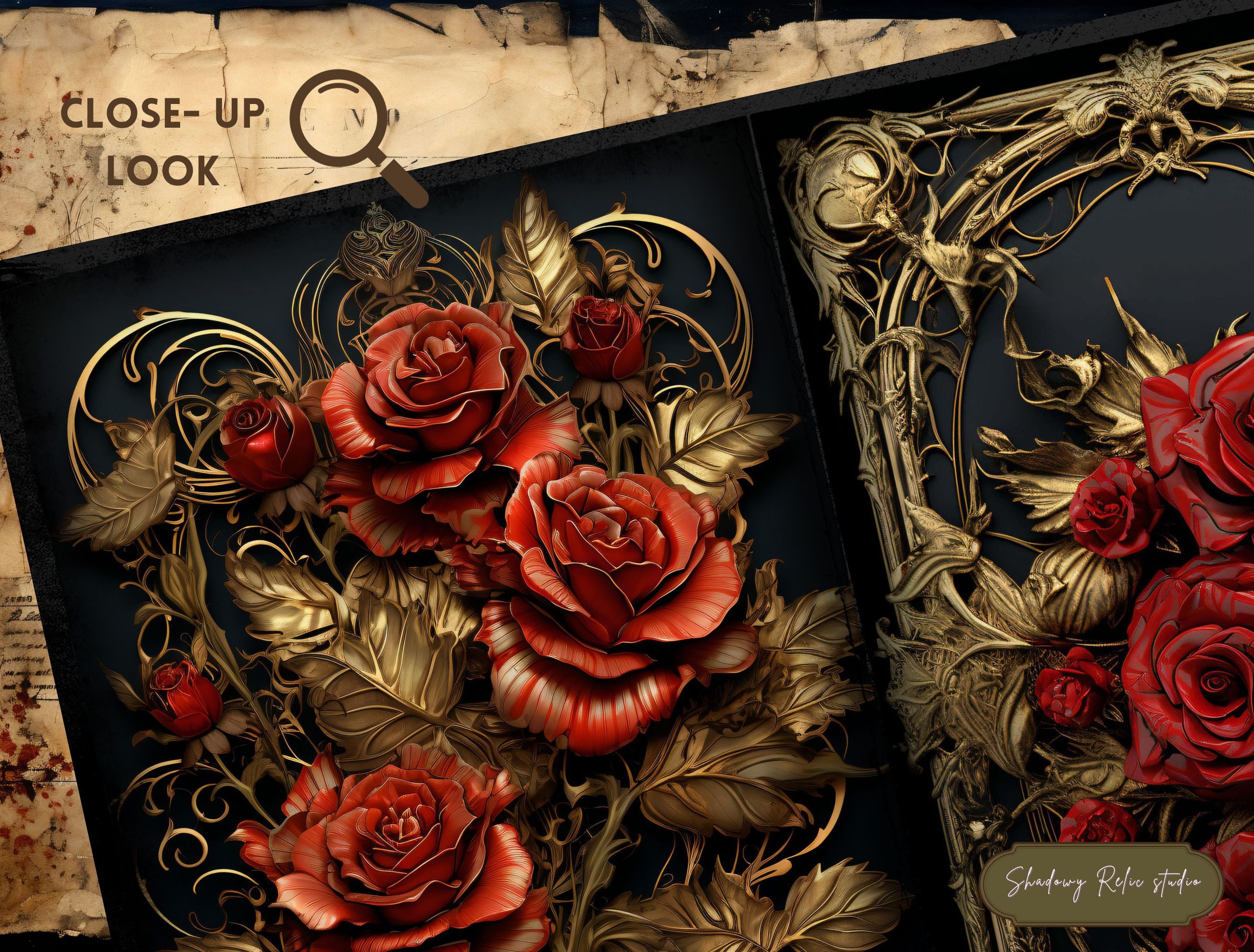 Gold and Red Roses Junk Journal Pages Gothic Collage Sheets ...
