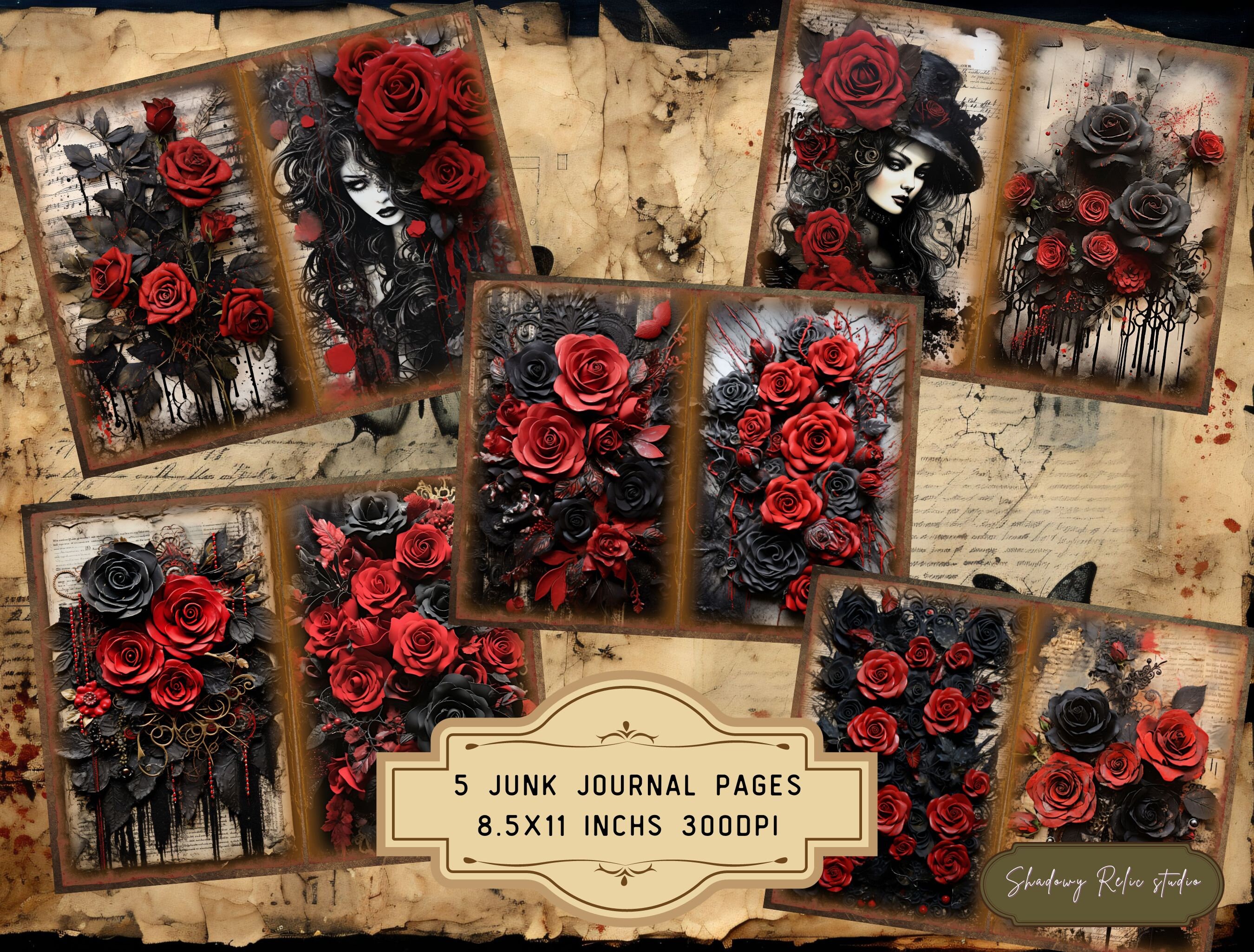 Gothic Black and Red Roses Junk Journal Pages Gothic Collage Sheets ...
