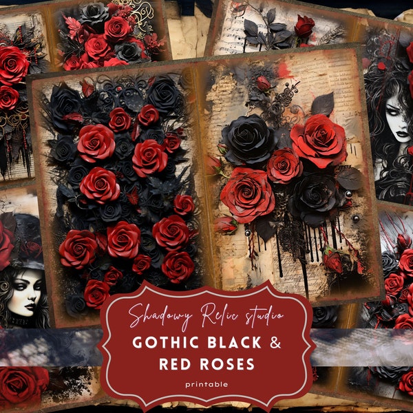 Gothic Black and Red Roses Junk Journal Pages Gothic collage sheets scrapbooking cards ephemera Dark Black and Red Roses Junk Journal Kit