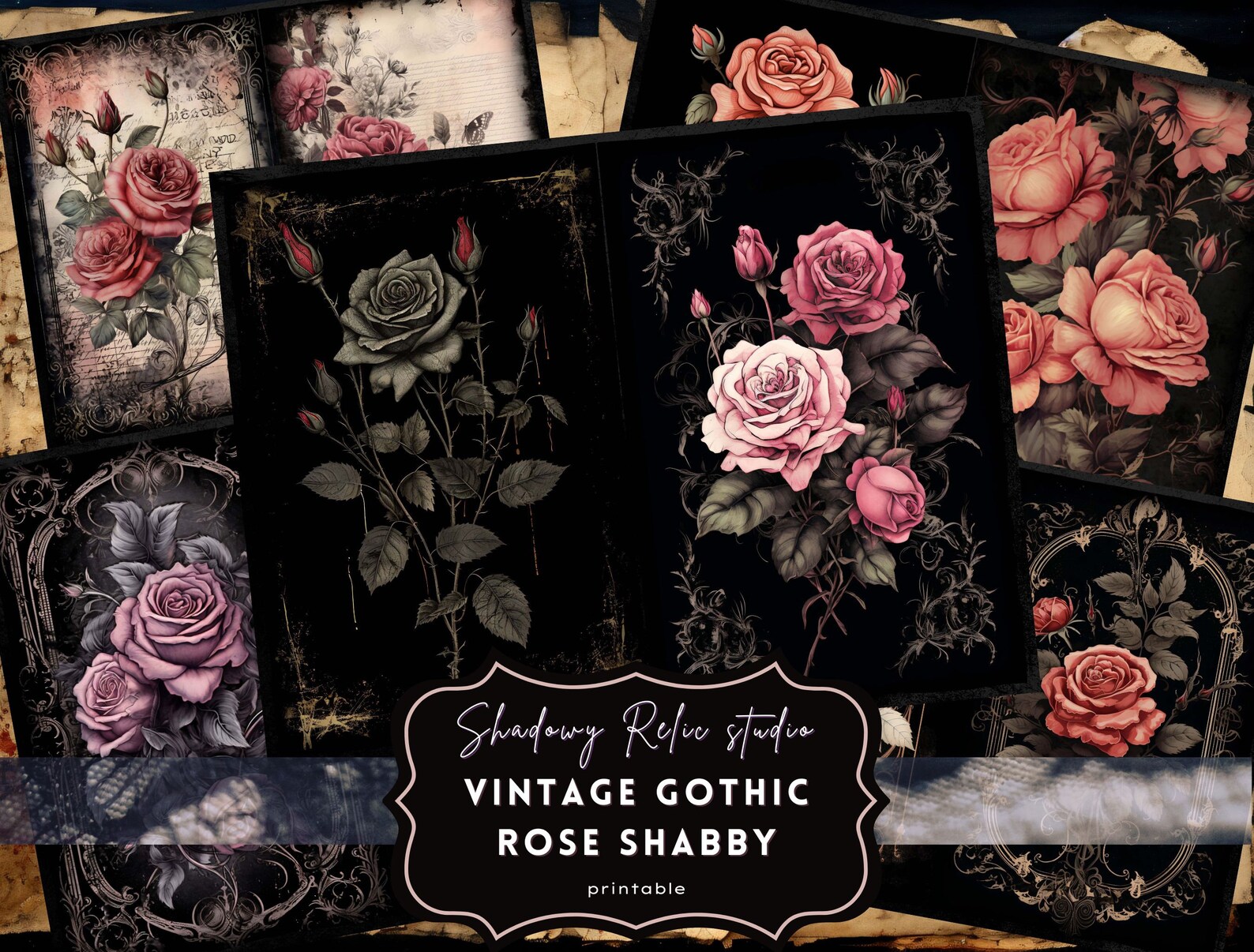 Gothic Vintage Roses Shabby Junk Journal Paper Gothic Collage Sheets ...