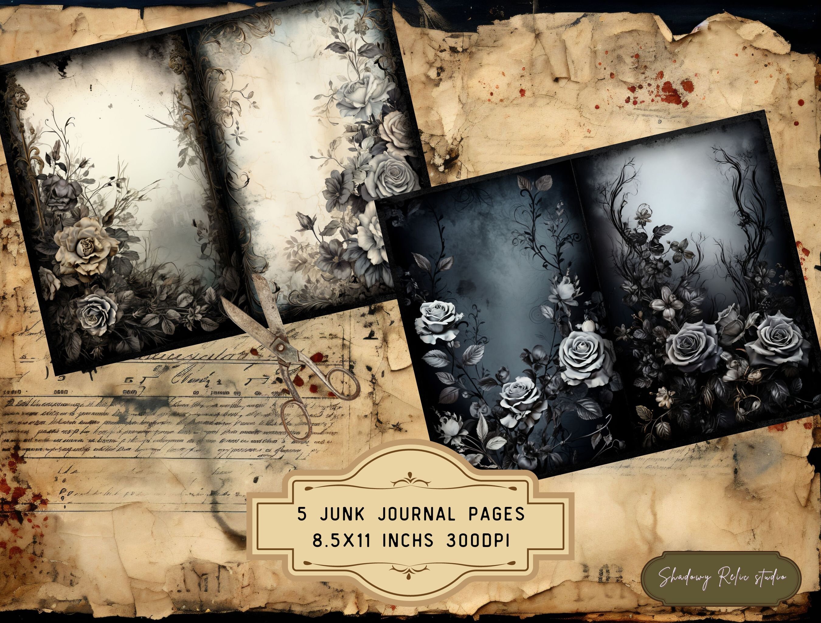 Gothic Dark Roses Junk Journal Pages Gothic Collage Sheets Scrapbooking ...