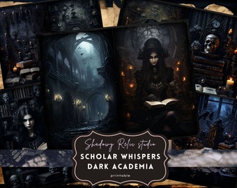 May include: A collage of images with a dark academia theme. The images feature a woman in a black dress reading a book, a dark and mysterious hallway, and a skull on a stack of books. The text "Shadowy Relic Studio Scholar Whispers Dark Academia Printable" is at the bottom of the collage.