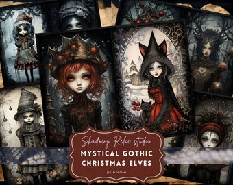 Puede incluir: Un conjunto de ilustraciones digitales imprimibles con elfos navideños góticos. Los elfos se representan en varias poses y visten atuendos festivos, incluidos vestidos rojos y negros, sombreros y botas. Las ilustraciones se sitúan sobre un fondo oscuro y fantástico con nieve y árboles.