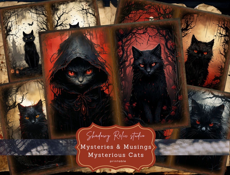 May include: A set of printable digital collage sheets featuring black cats with red eyes in various poses. The images are set against a dark, moody background with a red, orange, and yellow color scheme. The text "Shadowy Relic Studio Mysteries & Musings Mysterious Cats printable" is at the bottom of the image.