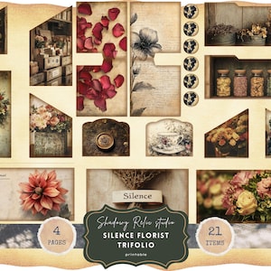 Kit de carnet de voyage gothique pour fleuriste Silence, fleurs éphémères florales sombres, magasin de fleurs hanté, fleurs pourries, page numérique romantique étrange à trois volets