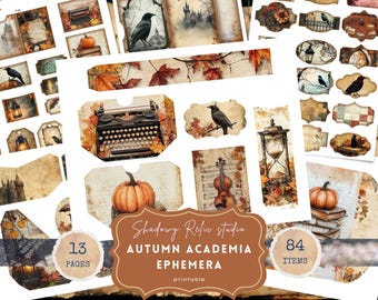 May include: Digital collage sheet with 84 printable items, including vintage illustrations of typewriters, pumpkins, birds, and more. The sheet is titled "Autumn Academia Ephemera" by Shadowy Relic Studio.