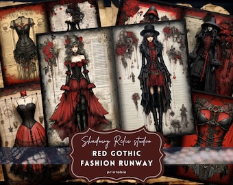 Gothic Red Fashion Junk Journal Pages Gothic Red Couture Junk Journal Kit Gothic collage sheets scrapbooking cards ephemera Fashion Runway