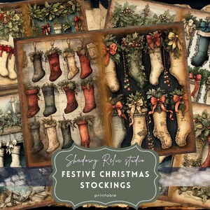 May include: A digital collage of vintage Christmas stockings with red, green, and white accents. The stockings are decorated with bows, holly, and berries. The text "Shadowy Relic studio FESTIVE CHRISTMAS STOCKINGS printable" is at the bottom of the image.