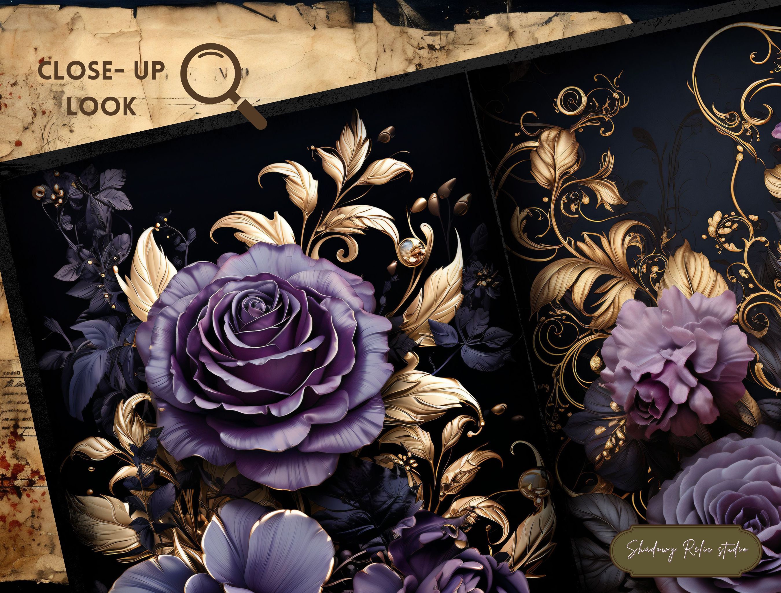 Gold and Purple Roses Junk Journal Pages Gothic Collage Sheets ...