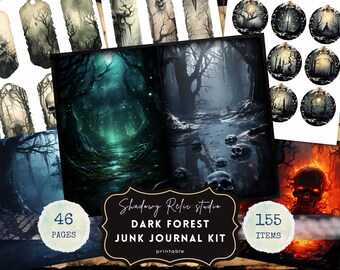 Könnte beinhalten: Ein Dark Forest Junk Journal Kit mit einem gruseligen Thema. Das Kit enthält Tags, Journalseiten und dekorative Elemente mit dunklen Waldszenen, Schädeln und unheimlichen Landschaften. Das Kit enthält 46 Seiten und 155 Elemente.