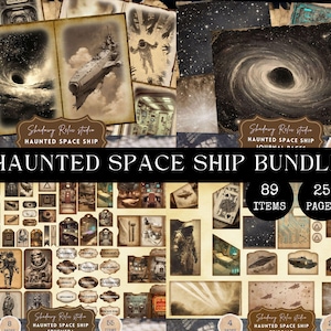 Puede incluir: Un conjunto de elementos de álbum de recortes de estilo vintage con temática espacial. El "Haunted Space Ship Bundle" incluye páginas de diario, etiquetas e ilustraciones de astronautas, naves espaciales y cuerpos celestes. El paquete contiene 89 elementos y 25 páginas.