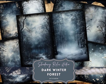 May include: A digital collage of six images depicting a dark winter forest scene. The images feature a snowy path through the trees, a stream, and a cloudy sky. The text "Shadowy Relic Studio DARK WINTER FOREST printable" is at the bottom of the collage.