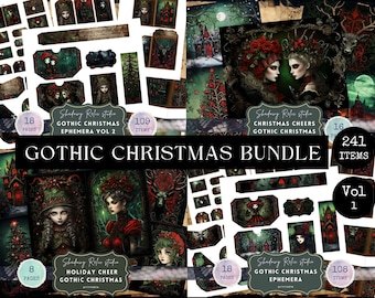 May include: A Gothic Christmas bundle featuring various printable ephemera. The bundle includes images of gothic women, Christmas trees, and spooky houses. The text on the image reads "Gothic Christmas Bundle" and includes the text "Shadowy Refu studio".