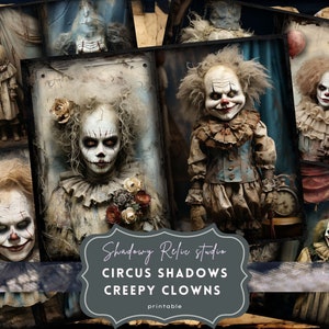Creepy Clown Junk Journal Pages Hojas de collage gótico tarjetas de scrapbooking efímera Creepy Clown Junk Journal Kits misterioso payaso circo