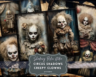 Creepy Clown Junk Journal Pages Gothic collage sheets scrapbooking cards ephemera Creepy Clown Junk Journal Kits mysterious clown circus