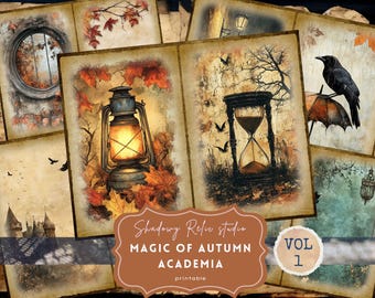 May include: A collage of vintage-style images with an autumn theme. The images include a lantern, an hourglass, a crow, a window, and a castle. The collage is titled "Shadowy Relive Studio Magic of Autumn Academia Vol 1 printable".