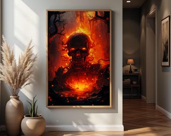 Flaming Skull Wall Art Printable Skull in Flames Wall Decor Skull on Fire Gothic Art Instant Download Halloween Wall Art Fire Skull swa014