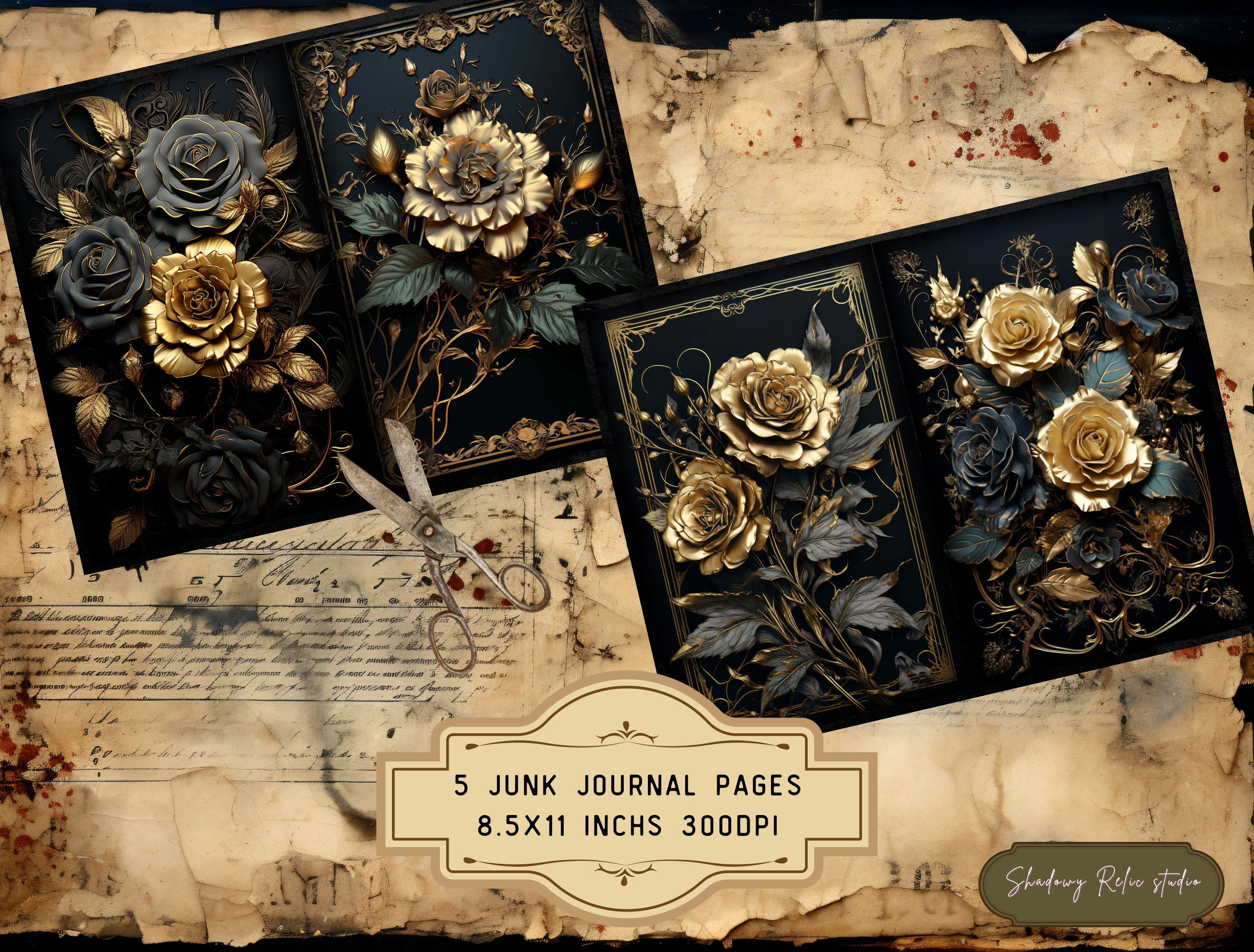 Gothic Golden Roses Junk Journal Pages Gothic Collage Sheets ...