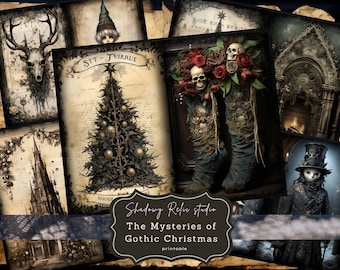 May include: A digital collage of images with a gothic Christmas theme. The images include a skeletal deer head, a Christmas tree with gold ornaments, a pair of boots with skulls and roses, a fireplace with a gothic archway, and a figure in a top hat and black clothing.