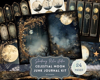 May include: A digital printable junk journal kit with 24 pages featuring a celestial moon theme. The kit includes images of moons, stars, and clouds in shades of blue, gold, and white.