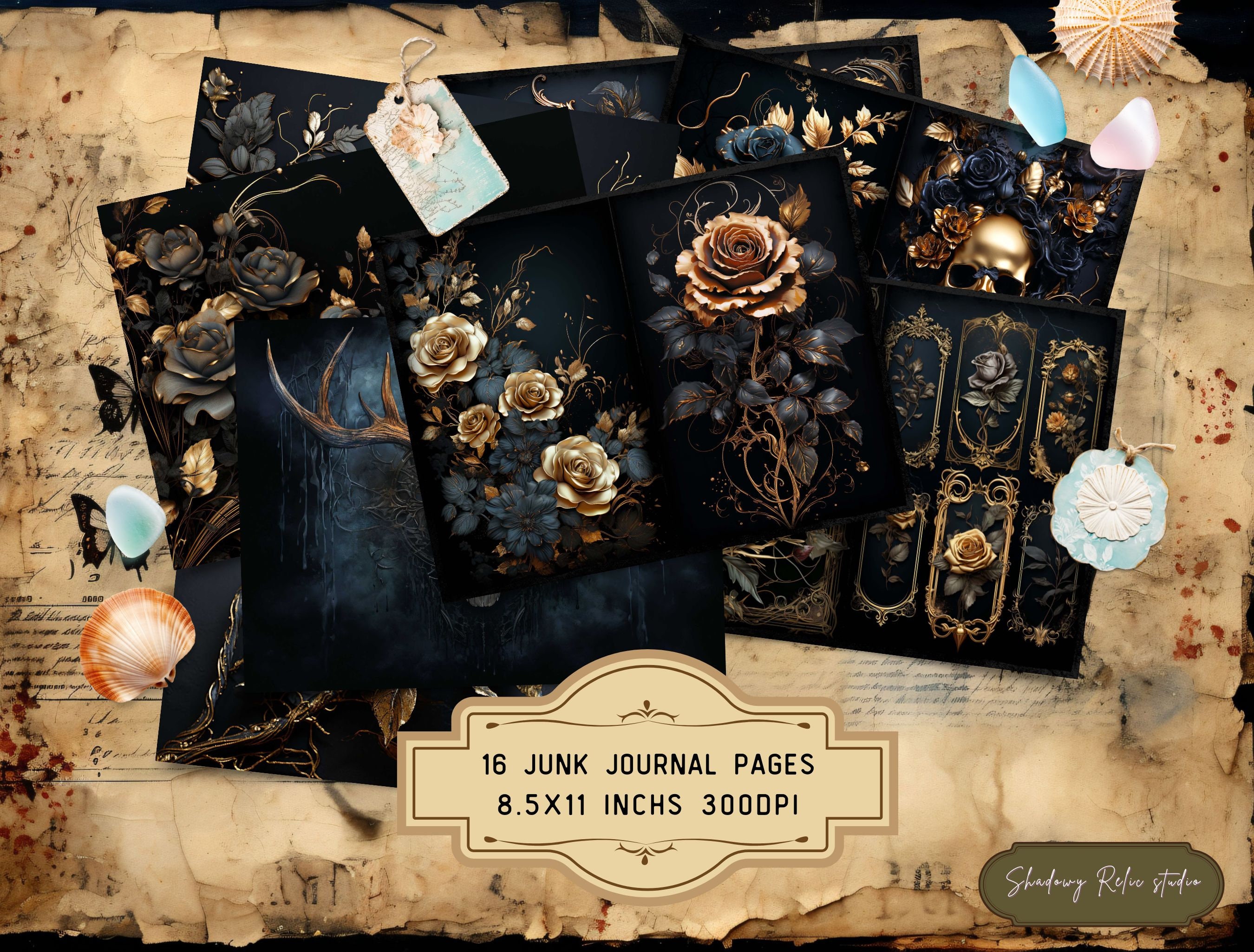 Black Roses Junk Journal Pages Gothic Collage Sheets Scrapbooking Cards ...