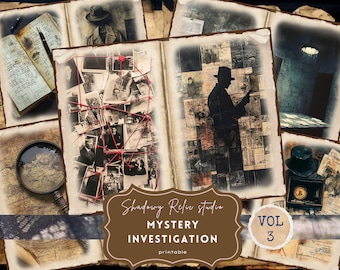 Junk Journal Kit Detective Junk Journal Pages scrapbooking card Crime Investigation ephemera Mystery Case File Victorian Collage Sheet